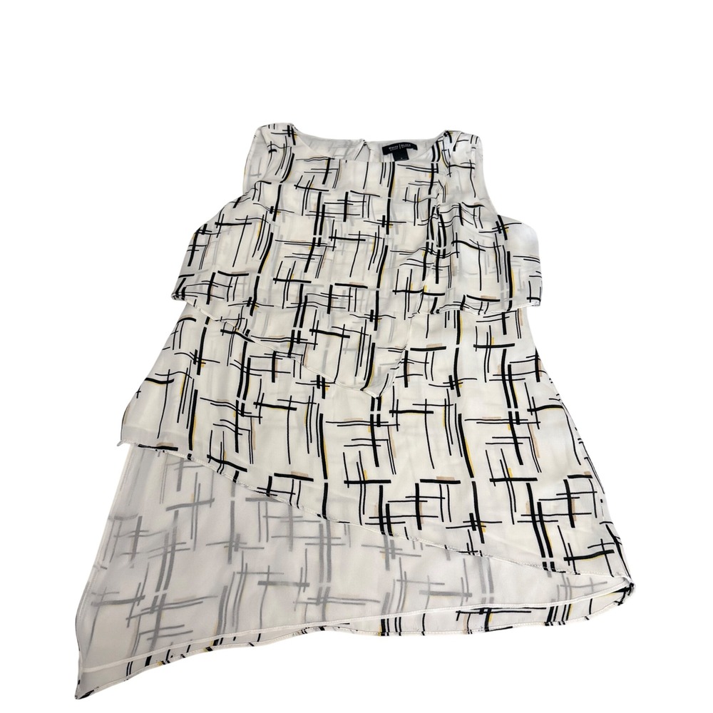 White House Black Market Sleeveless Tiered Asymmetrical Grid Print Top Small